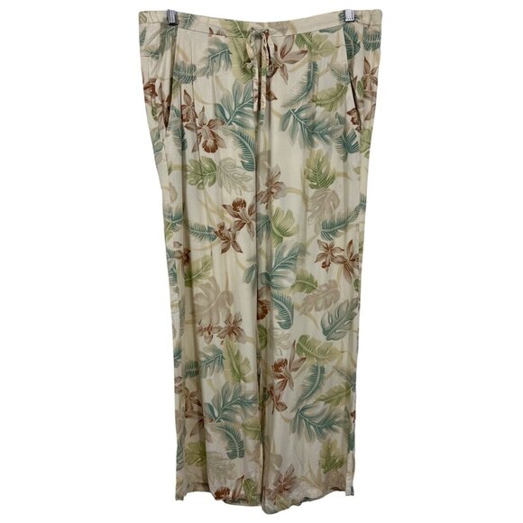 Tori Richard Pant Women Size 6 Aloha Hawaiian Pant Tropical Leaf Beige Green EUC - Picture 1 of 5